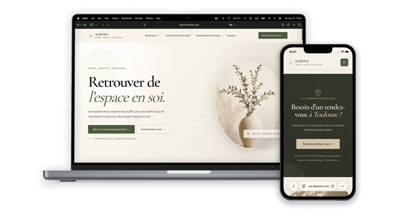Aperçu du site Sakina Libération sur ordinateur et téléphone